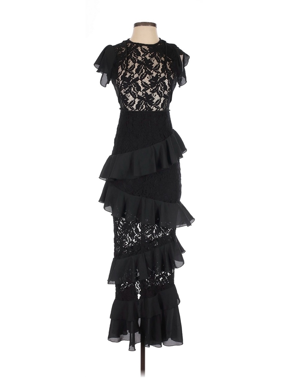 Pretty Little Thing: PrettyLittleThing Black Lace Ruffle Maxi Dress